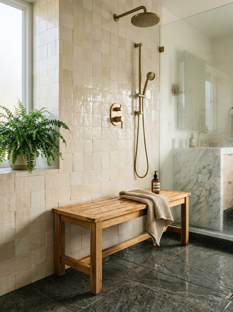9 Shower Storage Ideas To Keep Your Shower Neat & Organized teak wood bench inside shower