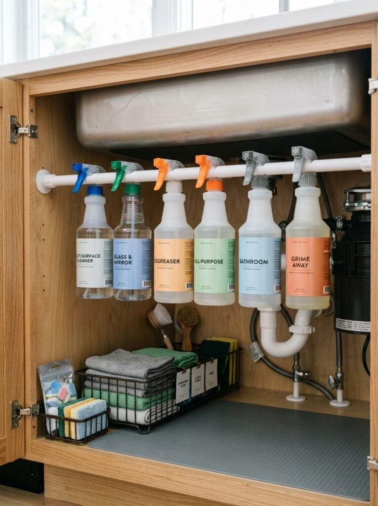 tension rod holding spray bottles  inside under sink cabinet