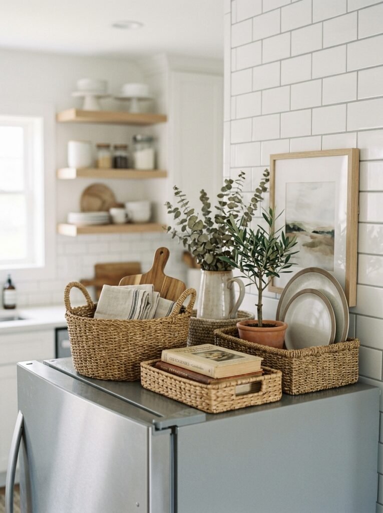 baskets on top of fridge