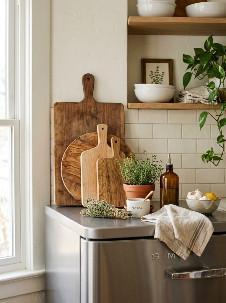 cutting boards on top of a fridge