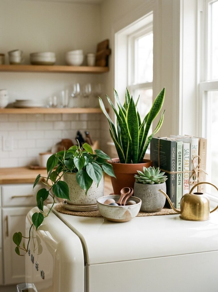 potted plants on top of a fridge