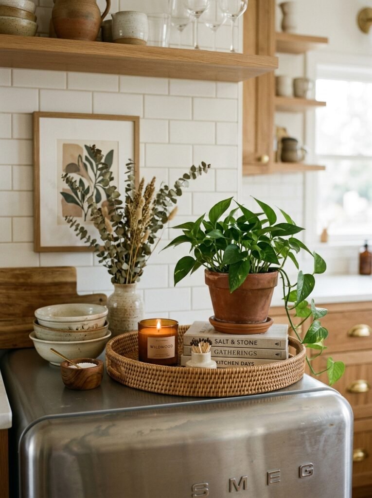woven tray on top of a fridge