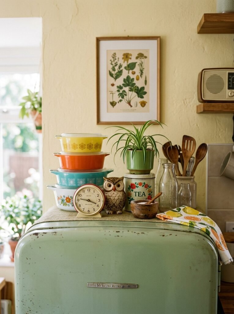 vintage decor on top of a fridge