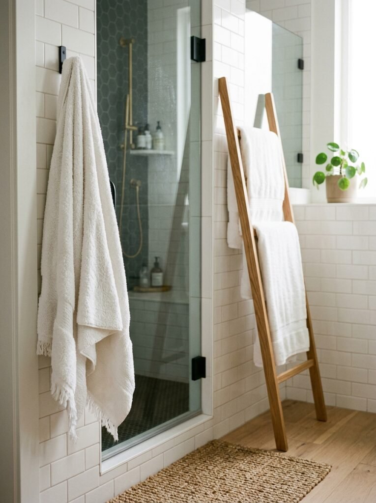 bath towel hanging on a hook outside the shower