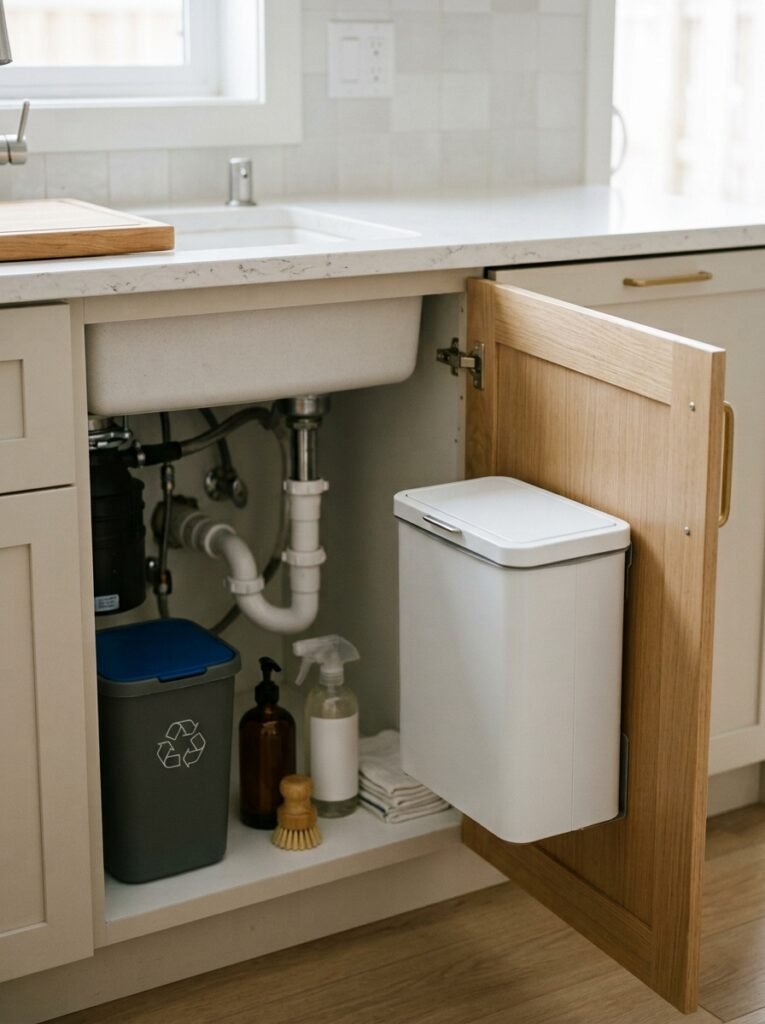 small trash bin mounted inside an under sink cabinet door