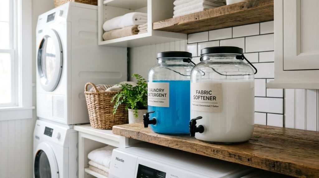 14 Smart Laundry Room Organization Ideas That Actually Work two gallon dispensers on shelf 202605160838