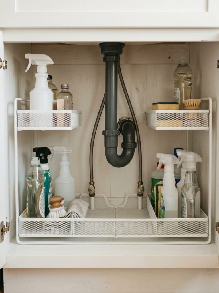 two-tier under sink organizer fitted around the pipes