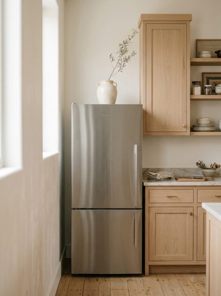 Minimalist fridge top with a single ceramic vase and dried olive branch