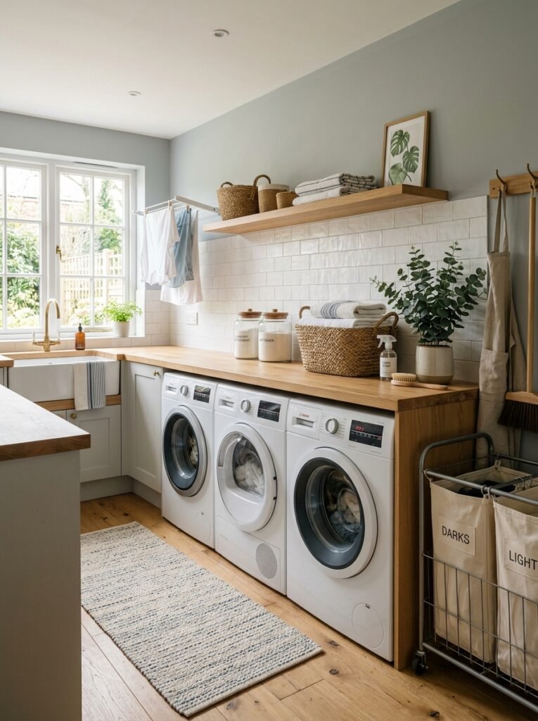 14 Smart Laundry Room Organization Ideas That Actually Work washing machines with countertops inside a laundry room