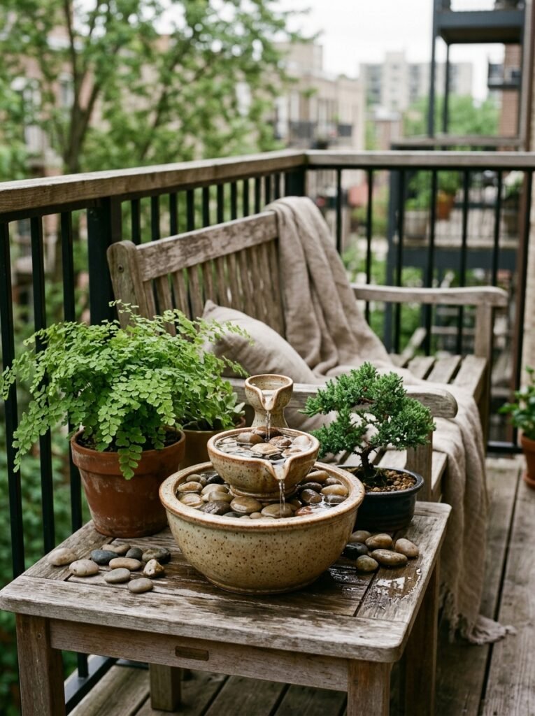 tabletop water fountain on a balcony side table