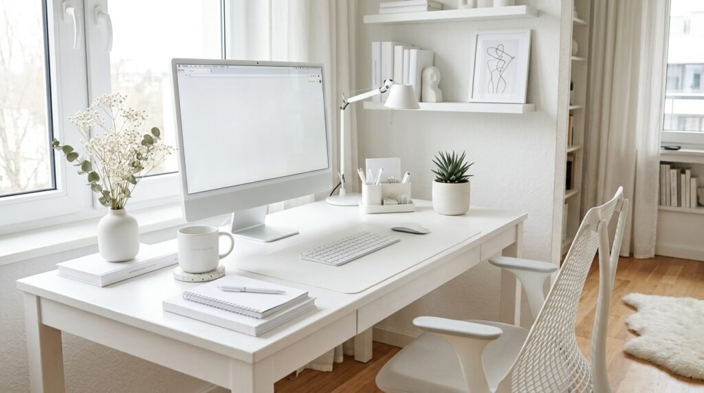 15 Aesthetic Desk Setup Ideas For a Stylish Office white aesthetic home office desk 202605201725