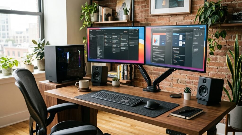 15 Aesthetic Desk Setup Ideas For a Stylish Office wireless techy home office desk 202605201726