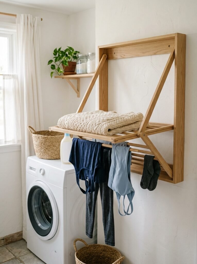 wall-mounted collapsible drying rack in a laundry room