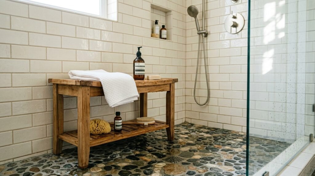 wooden shower bench with shelf 202605052112