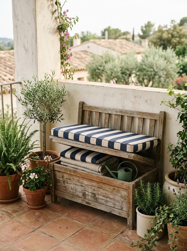 weatherproof storage bench on a balcony