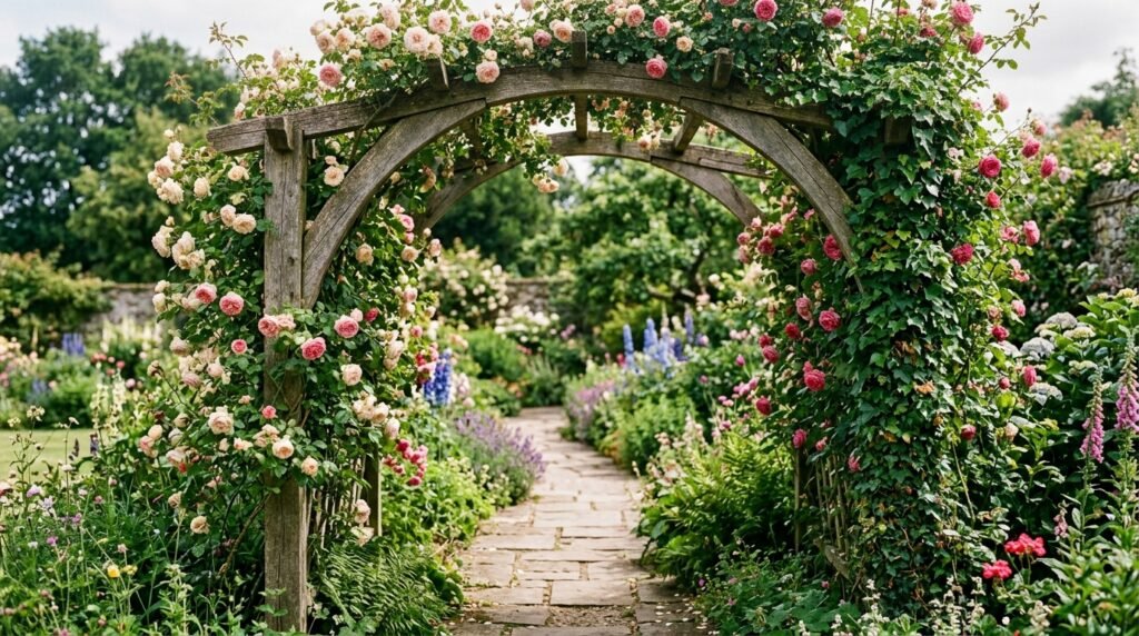 wooden trellis pathway climbing … 202605281338