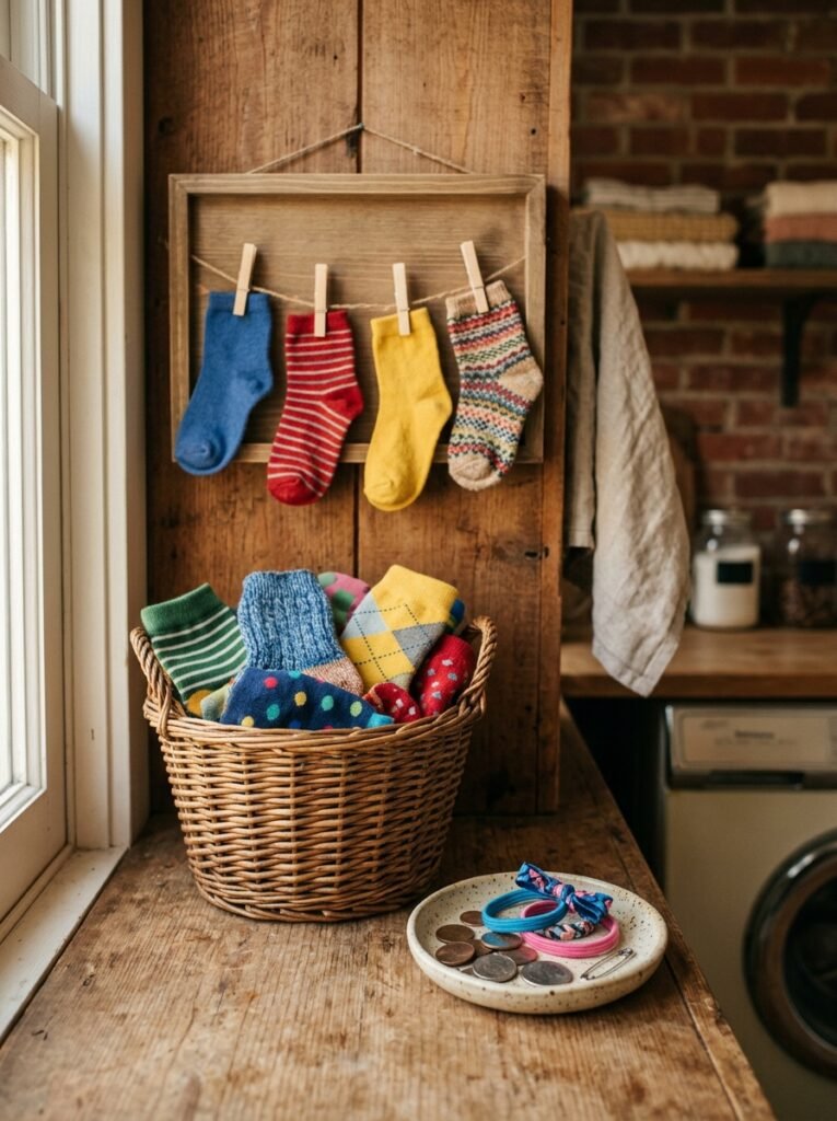 lost sock basket on a laundry room shelf