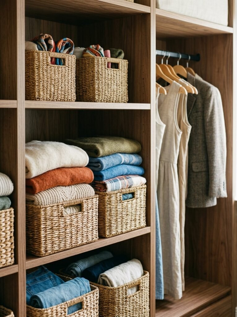 20 Closet Organization Ideas For a Neat and Tidy Space woven baskets storing fashion cl… 202606151236
