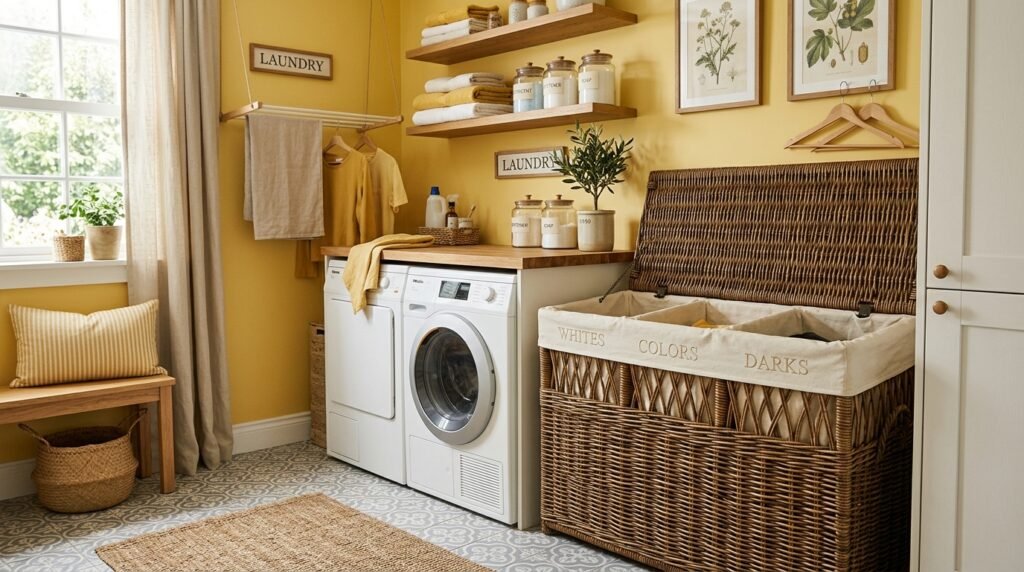 14 Smart Laundry Room Organization Ideas That Actually Work yellow laundry room wicker hampers 202605160830