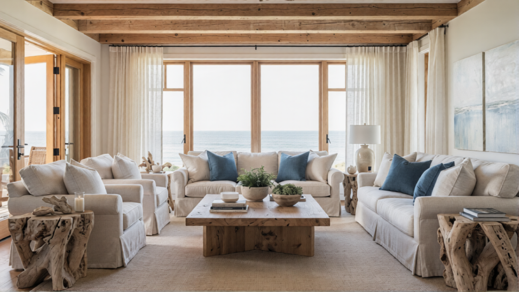 editorial photography of a coastal living room wit ezremove