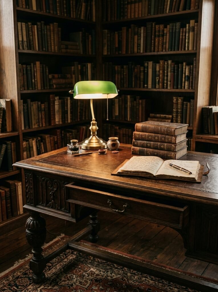 antique wooden writing desk in a dark academia office