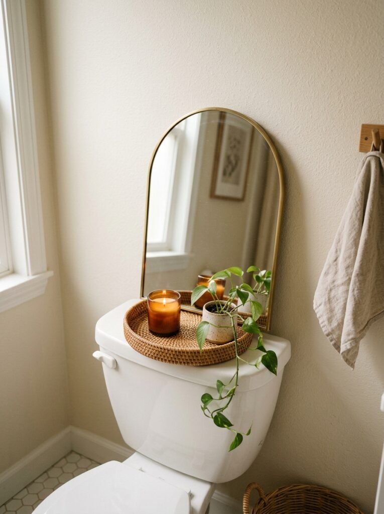 small arched mirror behind toilet tank