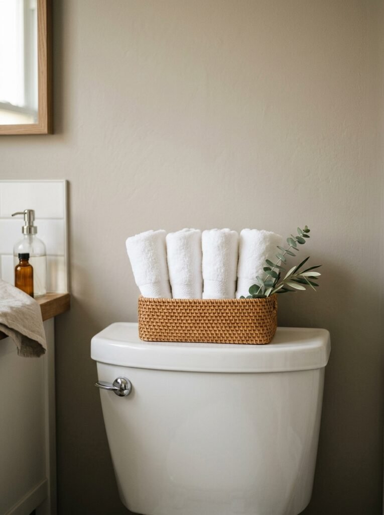 rolled hand towels in basket on toilet tank