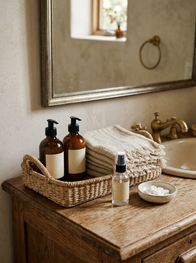 guest essentials basket on a powder room vanity