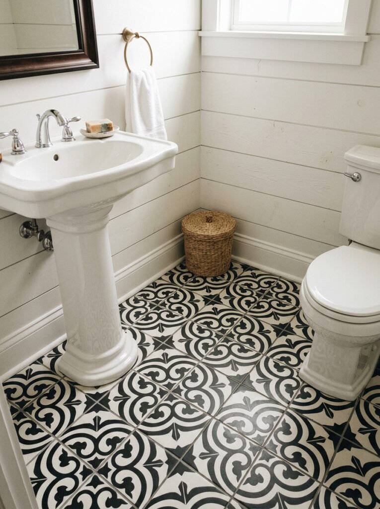 patterned floor tiles in a half bathroom