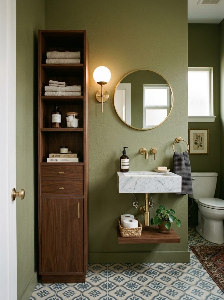 half bathroom with slim storage cabinet