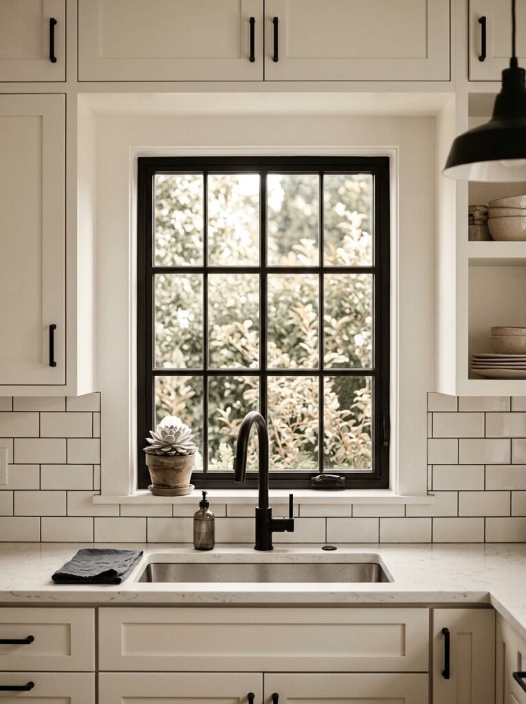 black framed kitchen windows