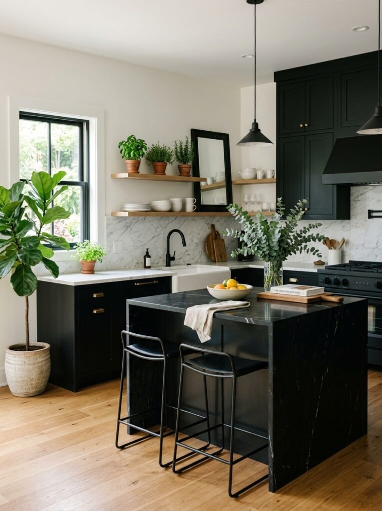 black white kitchen with greenery 202606181751