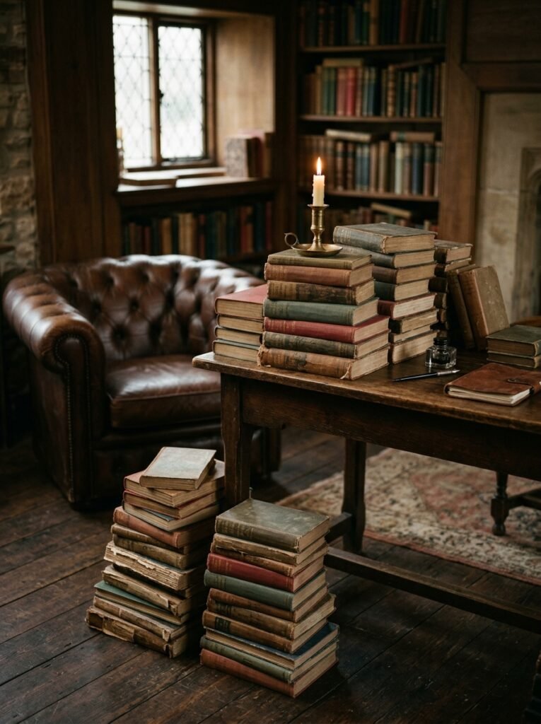 stacks of antique books in a dark academia office
