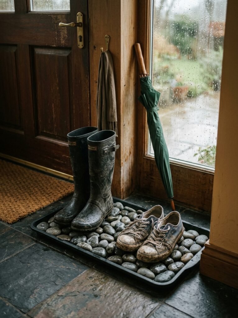 boot tray with river stones by the front door