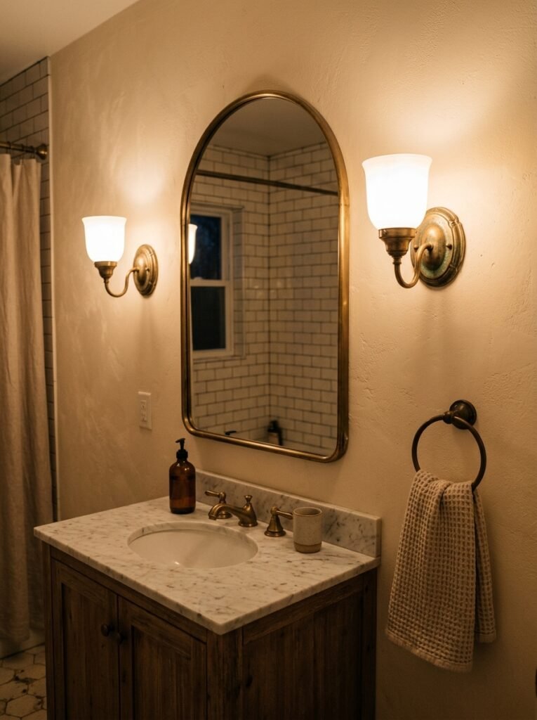brass wall sconces beside a bathroom mirror