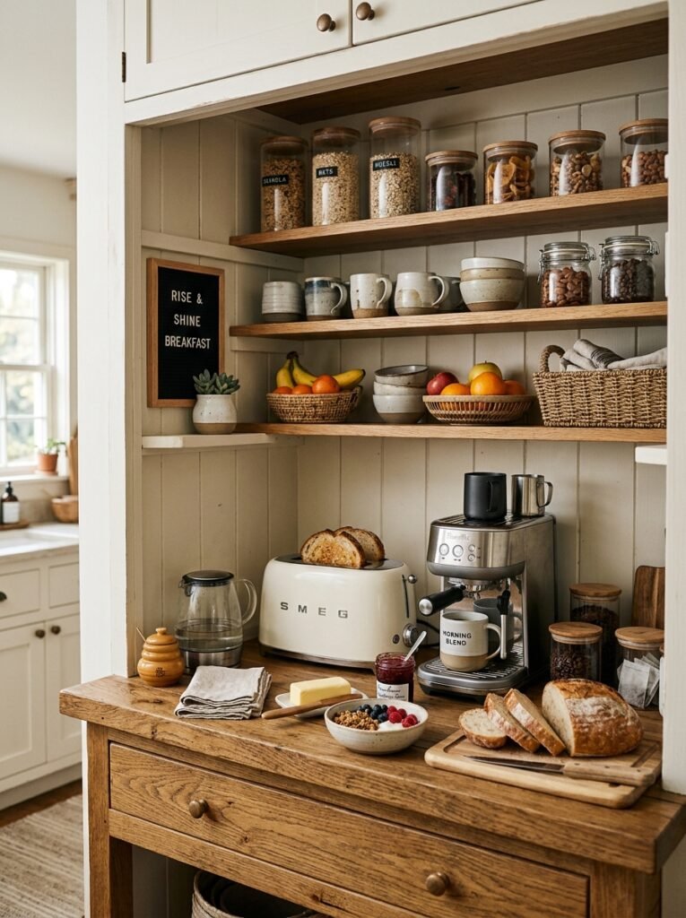 20 Pantry Organization Ideas For a Clean and Clutter Free Kitchen breakfast station in kitchen pantry