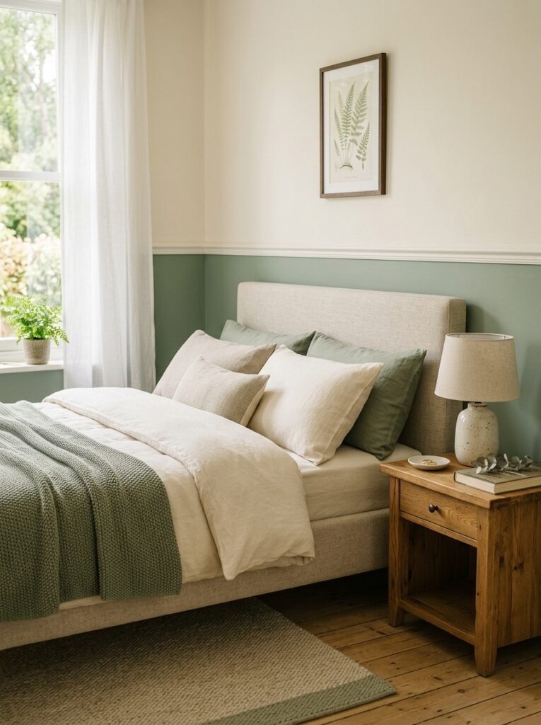 Sage green bedroom wall painted below a chair rail with cream above