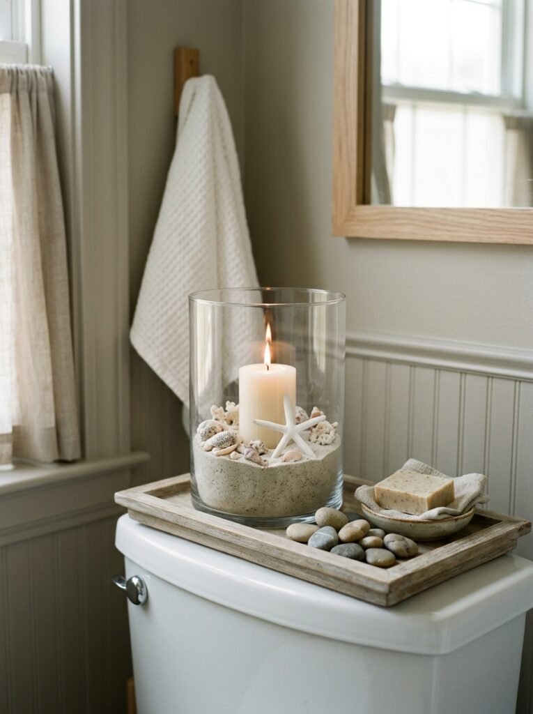 glass hurricane with sand on toilet tank