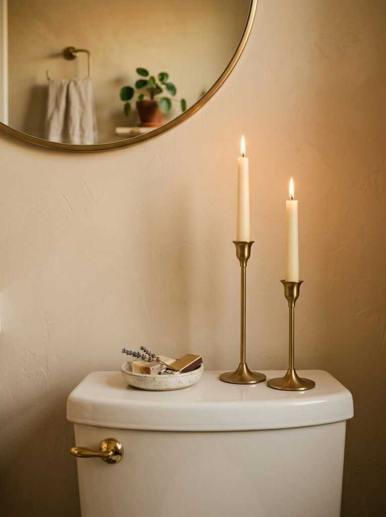 brass candlesticks on toilet tank