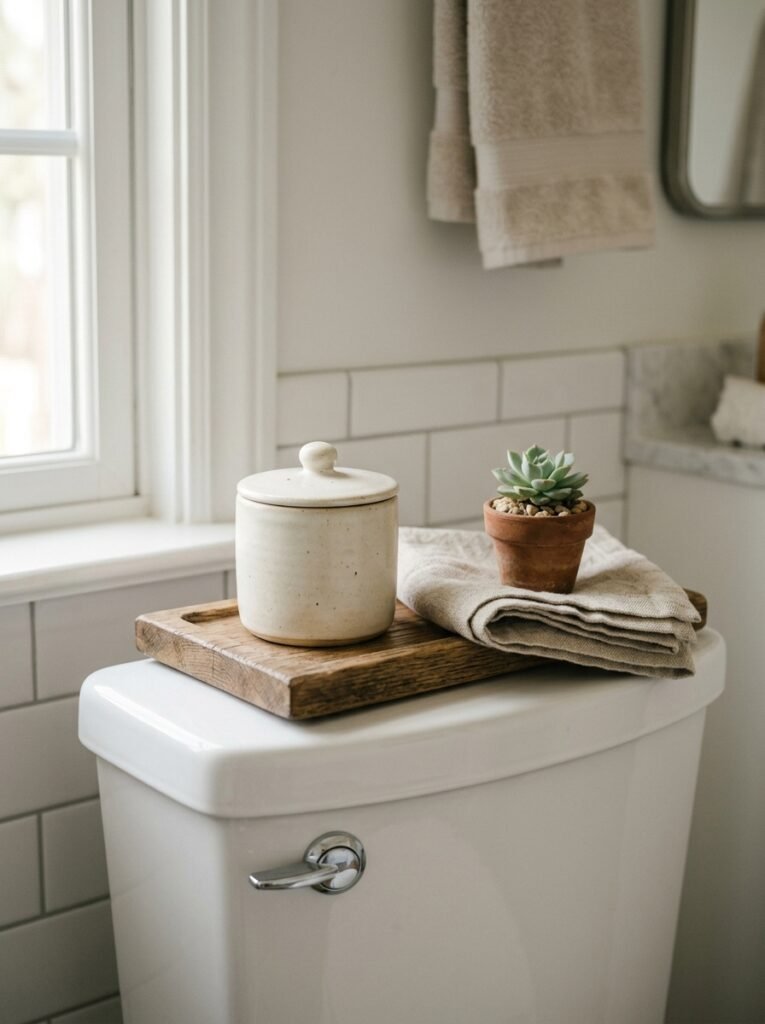 lidded ceramic canister on toilet tank