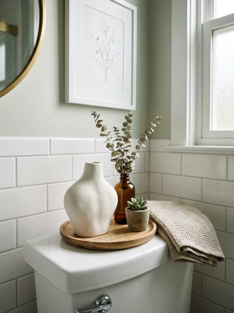 ceramic sculpture on toilet tank 