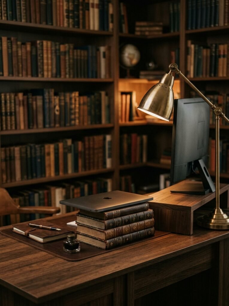 closed laptop on a stack of books in a dark academia study