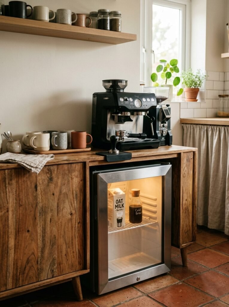 mini fridge under a home coffee bar