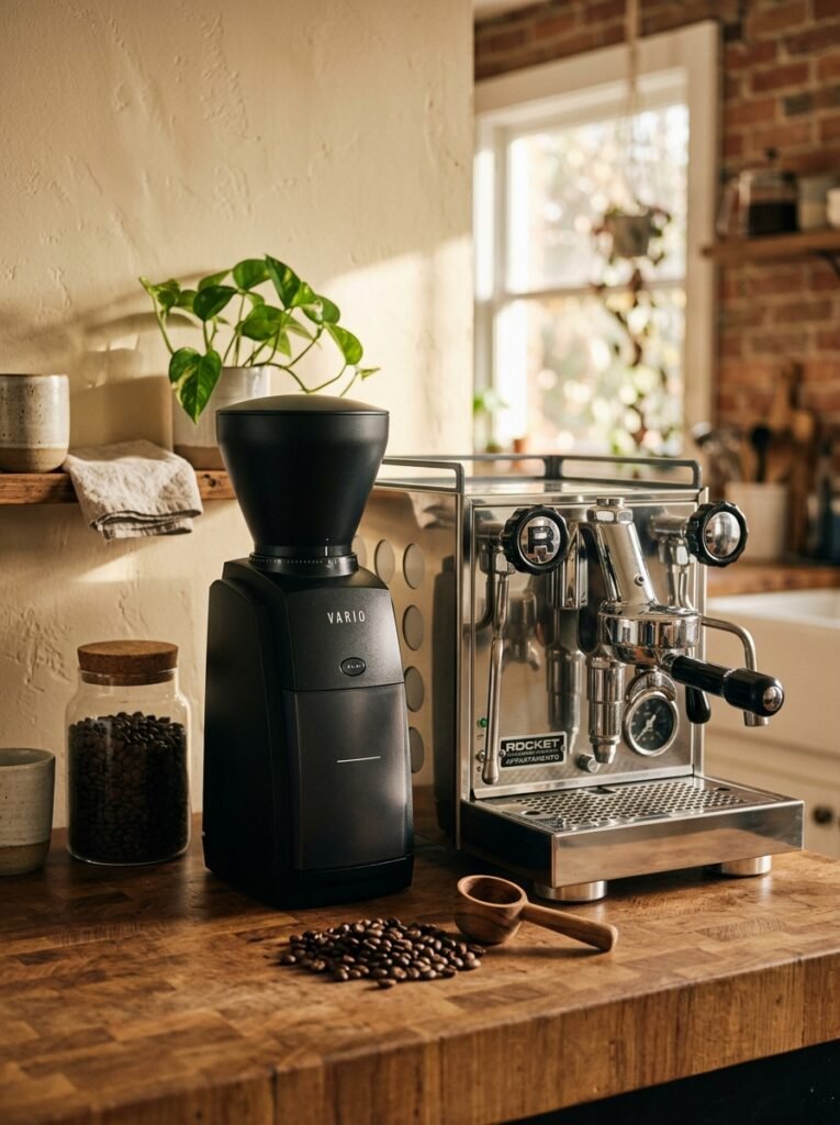 burr coffee grinder on a home coffee bar