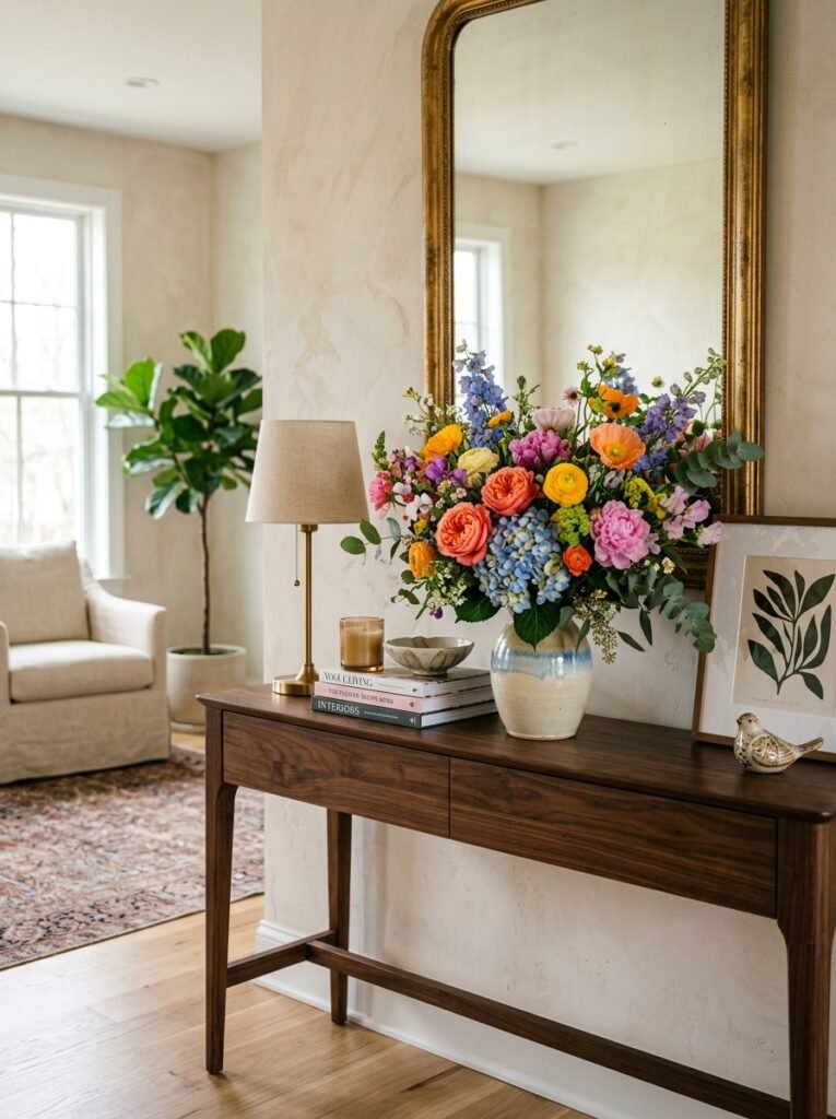 22 Console Table Ideas That Make Any Space Feel Designer Made console table with colorful flowers
