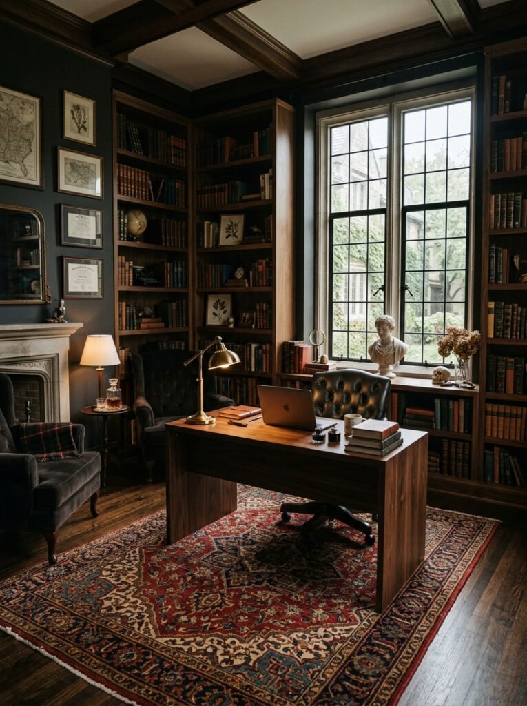 15 Stunning Dark Academia Office Ideas For a Moody Workspace dark academia home office interior 202606141528