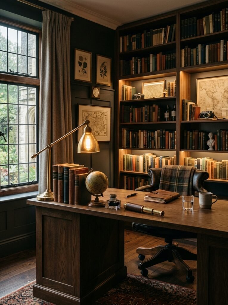 15 Stunning Dark Academia Office Ideas For a Moody Workspace dark academia home office interior 202606141529