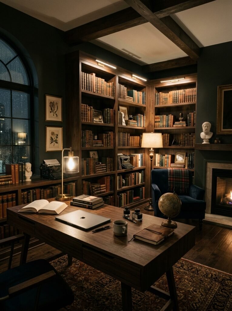 15 Stunning Dark Academia Office Ideas For a Moody Workspace dark academia home office interior 202606141534