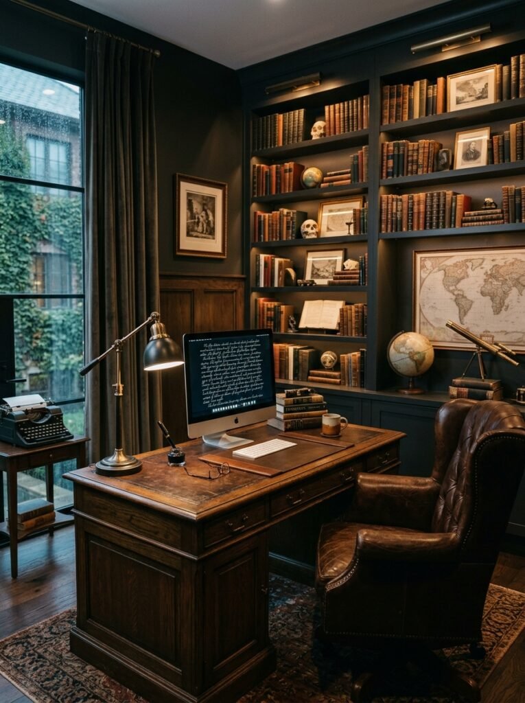 15 Stunning Dark Academia Office Ideas For a Moody Workspace dark academia home office interior 202606141534