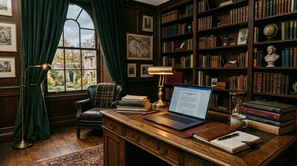 15 Stunning Dark Academia Office Ideas For a Moody Workspace dark academia home office laptop 202606072110